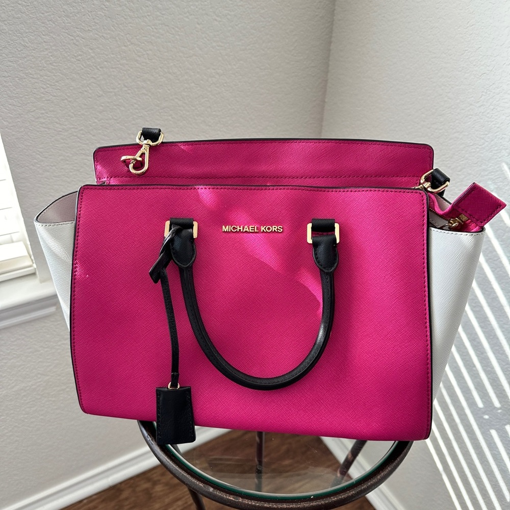 Michael Kors Pink and White Satchel with Structured Design